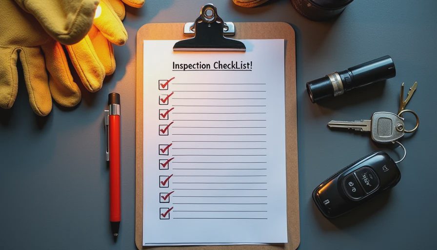 Used-car inspection checklist with a flashlight, gloves, and pen.webp