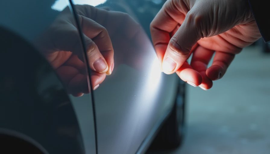 Buyer inspecting a used car’s paint reflections and body-panel gaps.webp