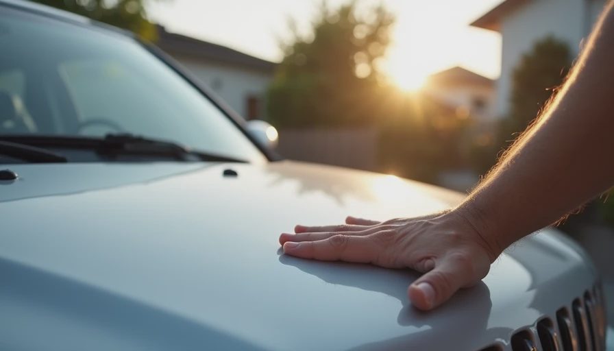 Buyer touching a used car’s hood to check whether the engine is cold.webp