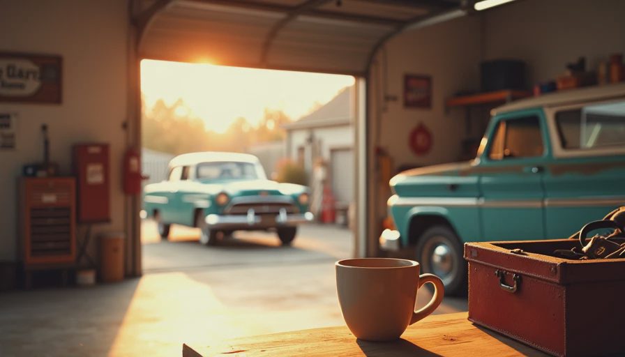 An open home garage with used cars and a coffee mug on the workbench at sunset.webp