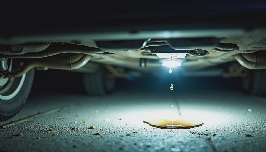 Flashlight revealing an oil leak beneath a used car before a test drive.webp