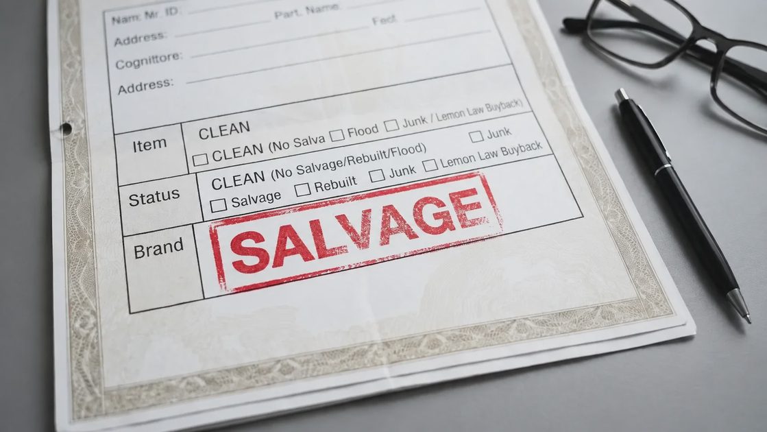 Checking used car title document for salvage brand status before buying.webp