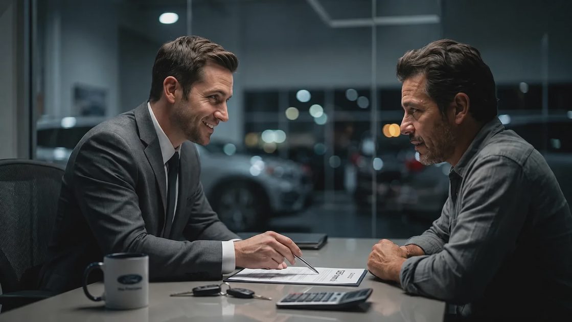 Used car buyer negotiating in a dealership F and I office with finance manager pointing at monthly loan payment contract.webp