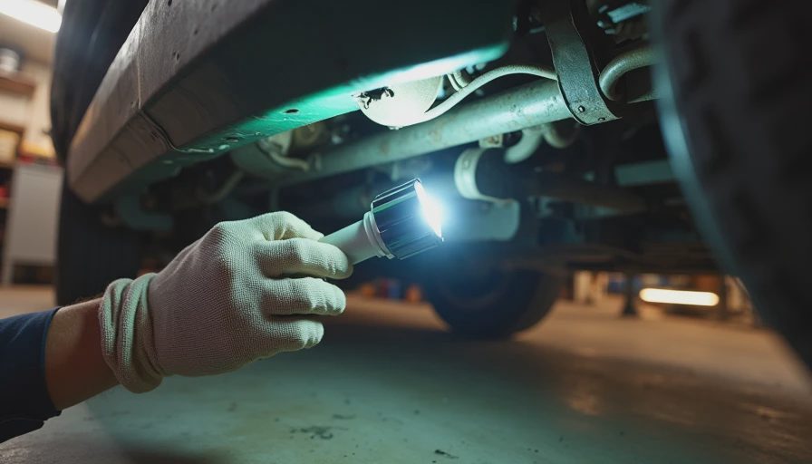 Ray inspecting used car radiator hose and subframe components with flashlight in garage.webp