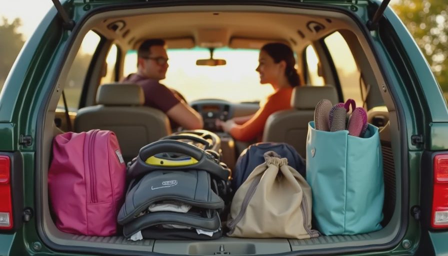 Testing trunk space and cargo puzzle capacity with strollers and sports gear in a used family SUV.webp