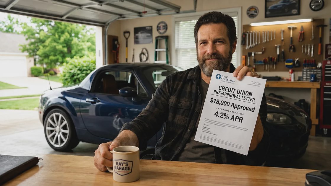 Ray Montero in his garage workbench holding a credit union pre-approval letter for a 4.2 percent APR used car loan.webp