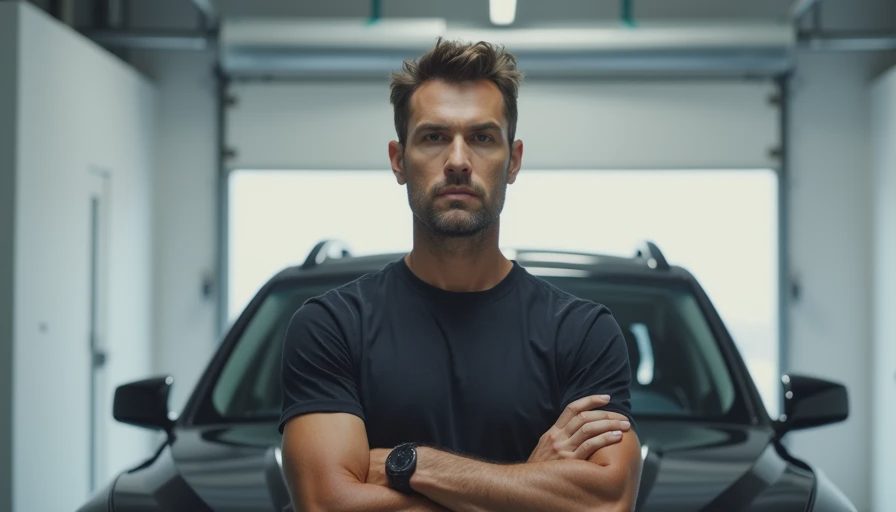 Ray Montero standing in a garage with a used car, evaluating private seller red flags.webp