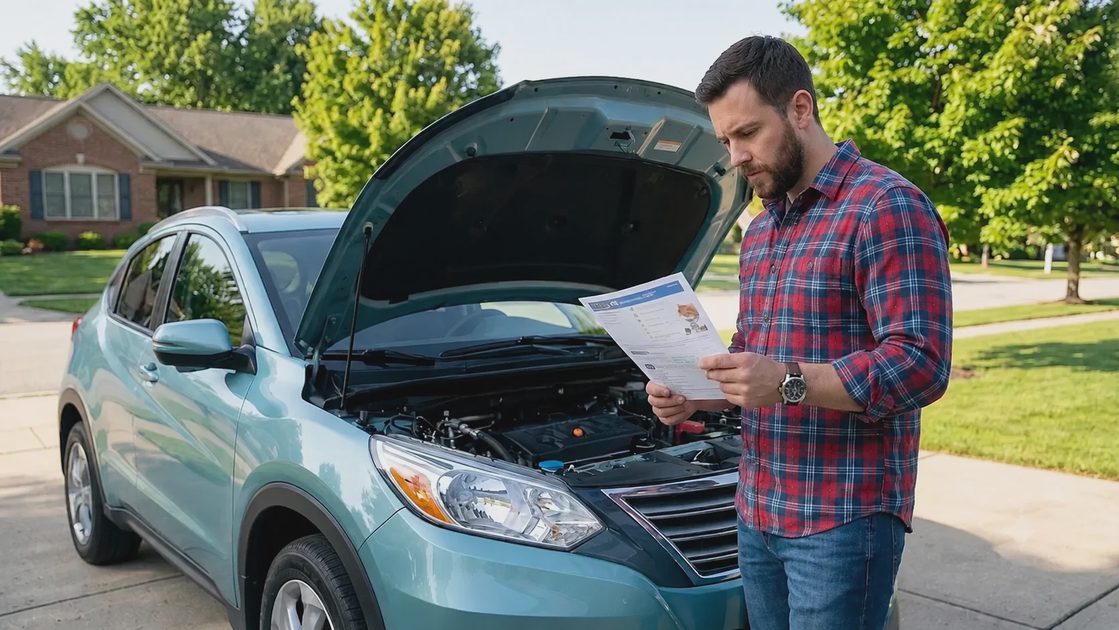 A used car buyer checking a vehicle history report next to a light teal SUV with the hood open.webp