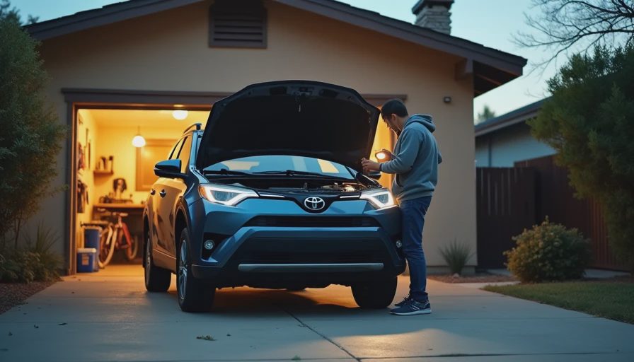 Ray Montero inspecting a used Toyota RAV4 engine in an Eagle Rock home driveway with his teenage son.webp