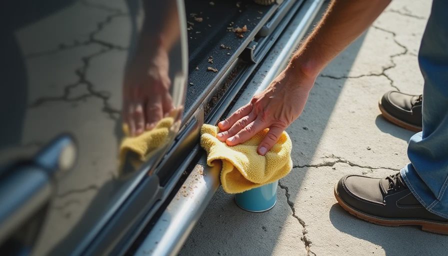 Ray cleaning road grit and leaves from a used Honda Odyssey power sliding door track during DIY maintenanc.webp
