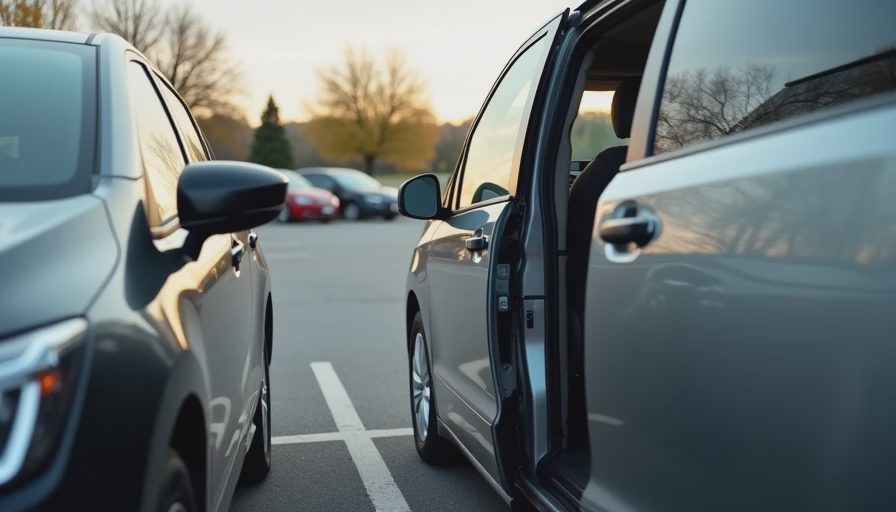 Modern minivan with sliding door open in a tight parking lot, illustrating family car convenience.webp