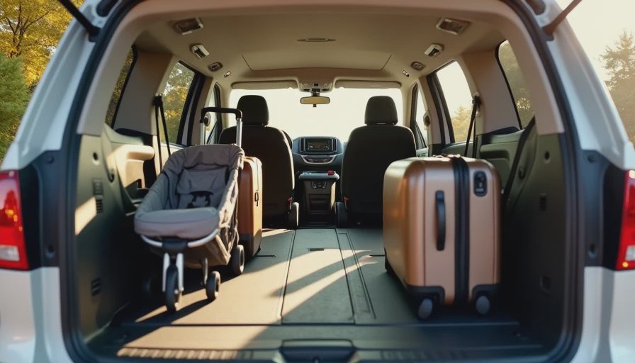 Cavernous cargo space and folded third-row seating in a family minivan packed with luggage and strollers.webp