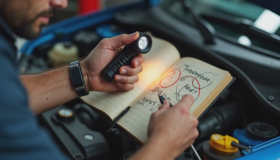 Used car fluid inspection and dipstick check using a flashlight for road trip preparation.webp