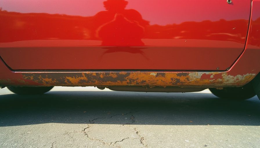 Father teaching teenage son how to check used car rust with flashlight.webp