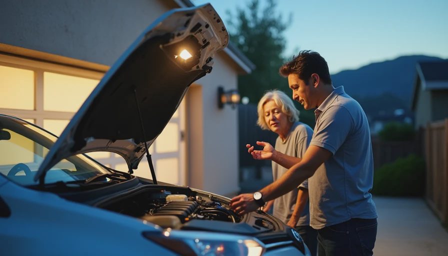 Ray Montero inspecting a used car engine with a flashlight to avoid bad used car advice.webp