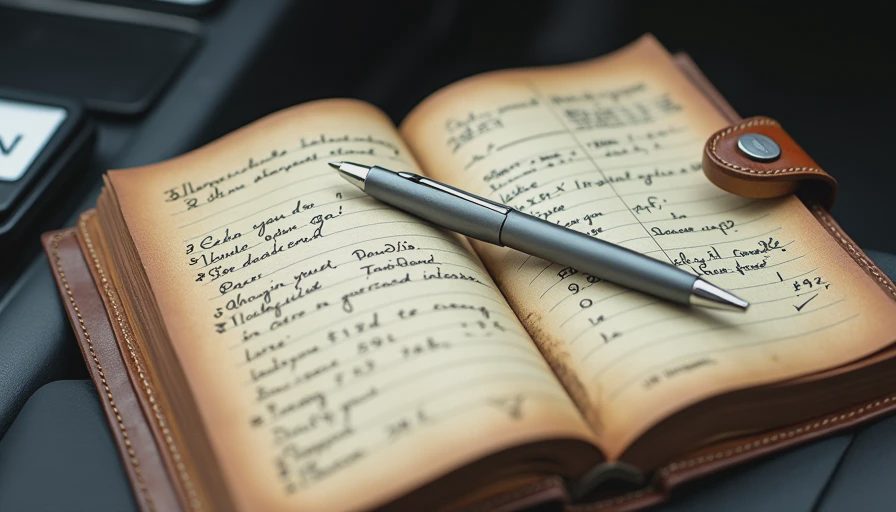 Father showing teenage son maintenance records and service receipts for used car.webp